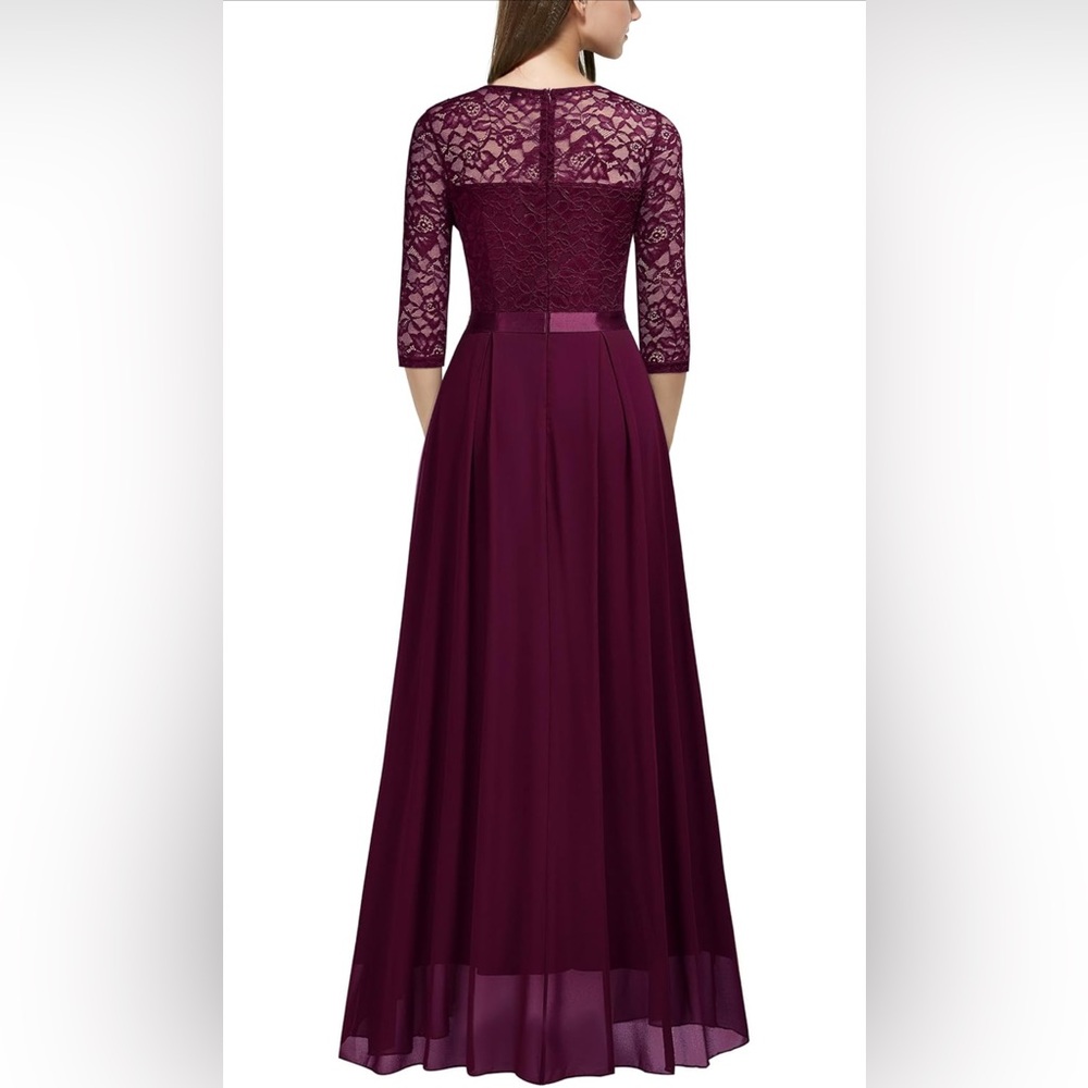 Miusol Burgundy Lace Bodice Chiffon Evening Gown - Picture 2 of 11